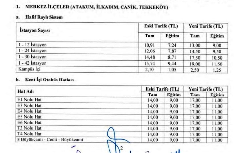 Samsun'un yeni dolmuş tarifesi