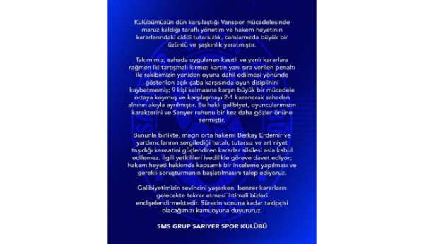 Sarıyer'den, Vanspor maçının hakem heyeti hakkında soruşturma talebi