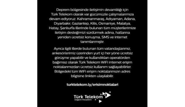 Türk Telekom'dan deprem bölgelerindeki ücretsiz iletişime ilişkin açıklama