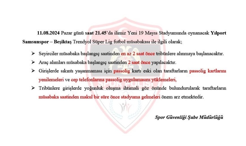 Spor polisinden Samsunspor-Beşiktaş maçı öncesi taraftara uyarı