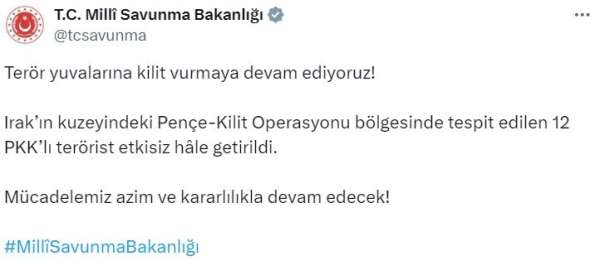 Irak'ın kuzeyindeki 12 PKK'lı terörist etkisiz hale getirildi