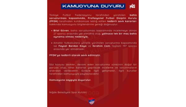 Niğde Belediyespor'dan futbolcularla ilgili bahis soruşturmasına ilişkin açıklama